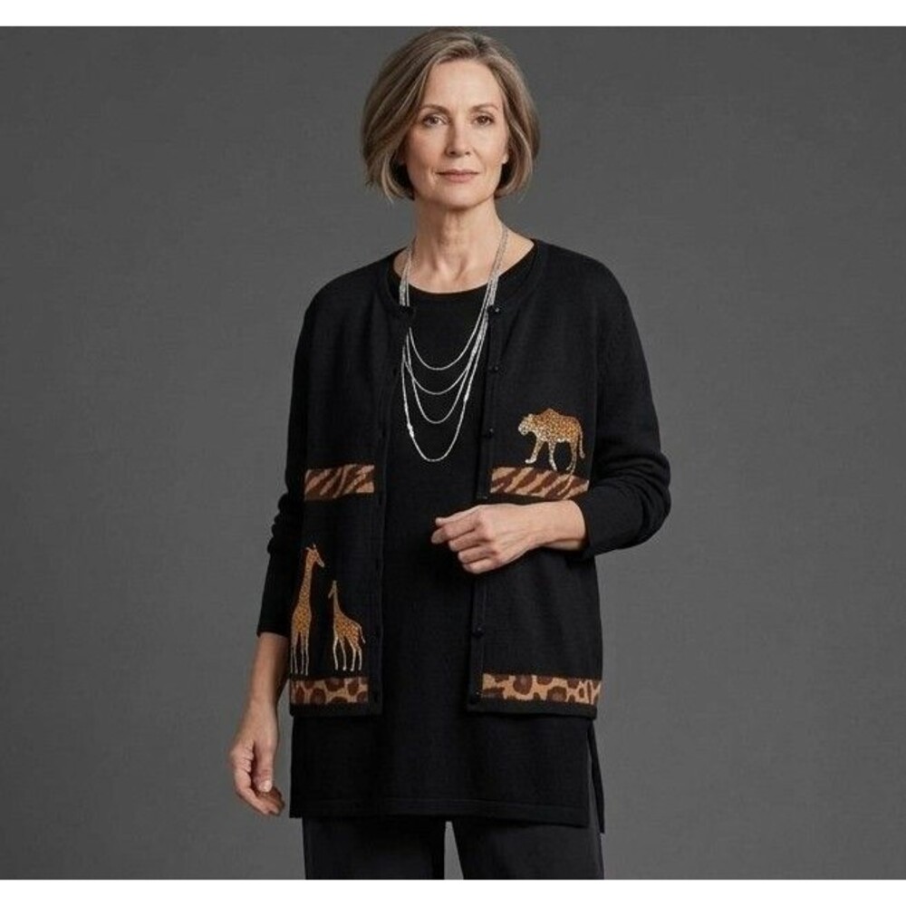VTG Marisa Christina XL Cardigan Sweater Black Safari Animal Giraffe Cheetah